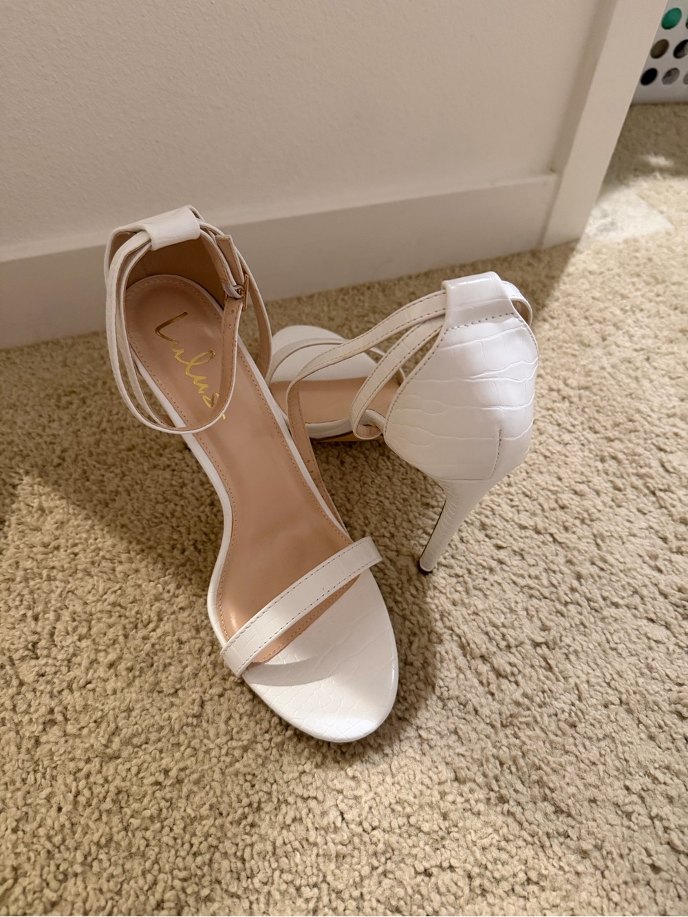 Lulu's White Croc-Embossed Ankle Strap Stiletto Heels